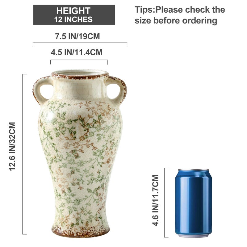 Enra Farmhouse Vintage vase with Handle 12.6 in Ceramic Chinoiserie Floral Vase Green and Beige Decorative Flower vase Large Rustic Vases for Home Decors  Living Room  Bookshelf  Office - Image 3